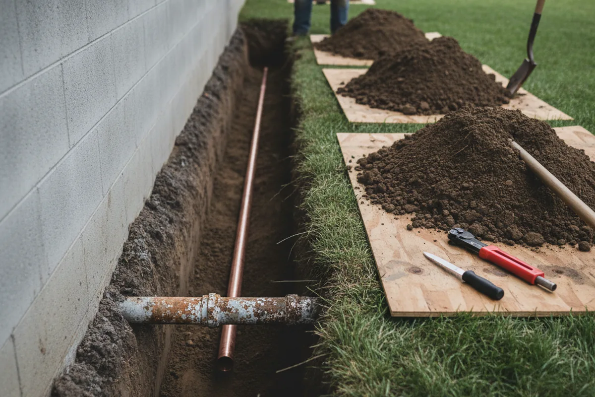 Excavated water line trench during Water Heater Repair in Meadow Lands